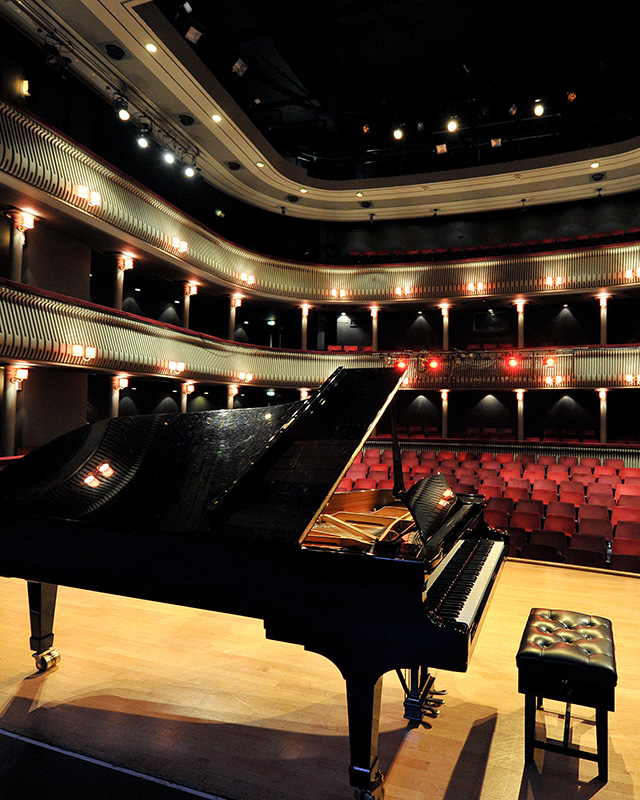 Piano on stage in the RCM's Britten Theatre